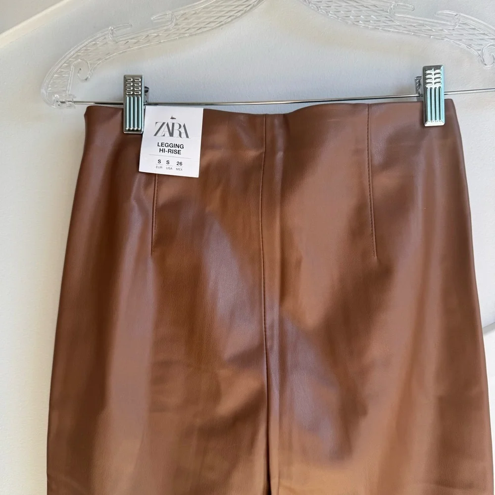 Zara Brown Faux Leather High‎ Rise Leggings w Raw Hem size S - Picture 10 of 15